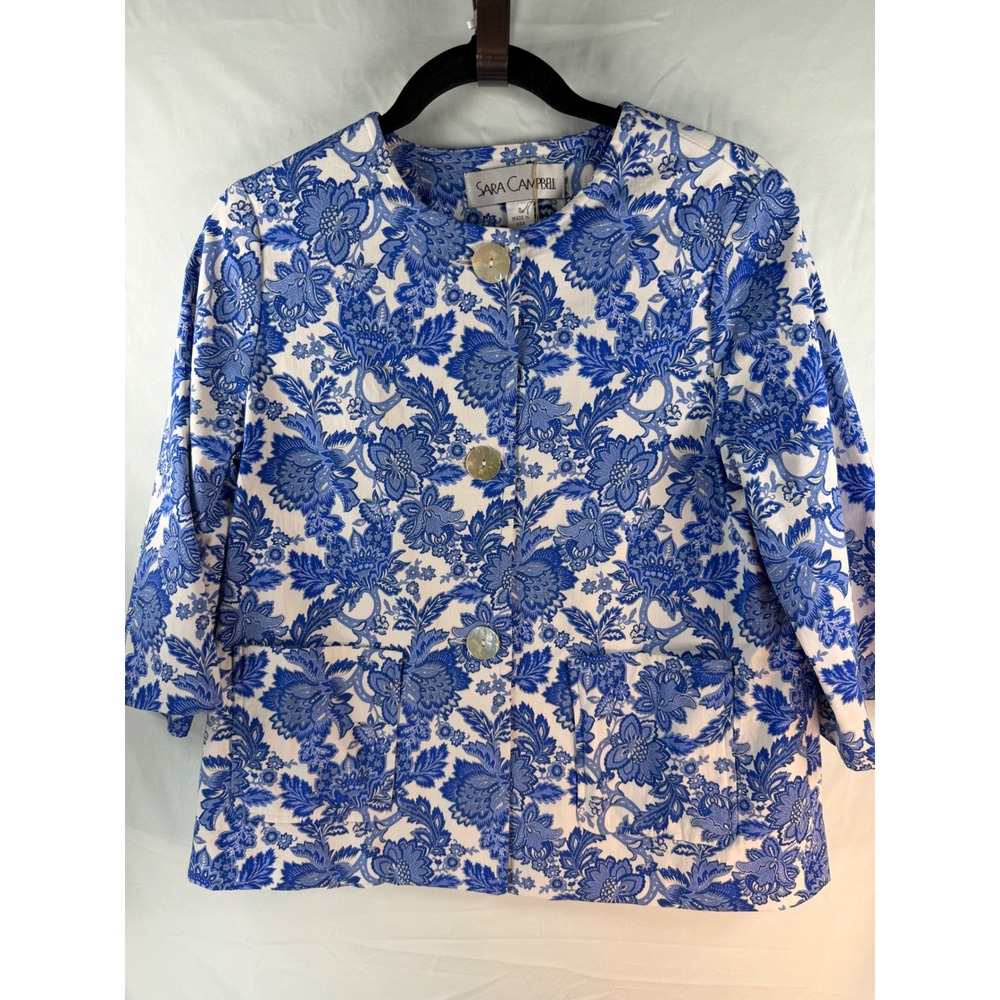 Sara Campbell Blue White Floral Damask Button Front Jacket Womens Small USA